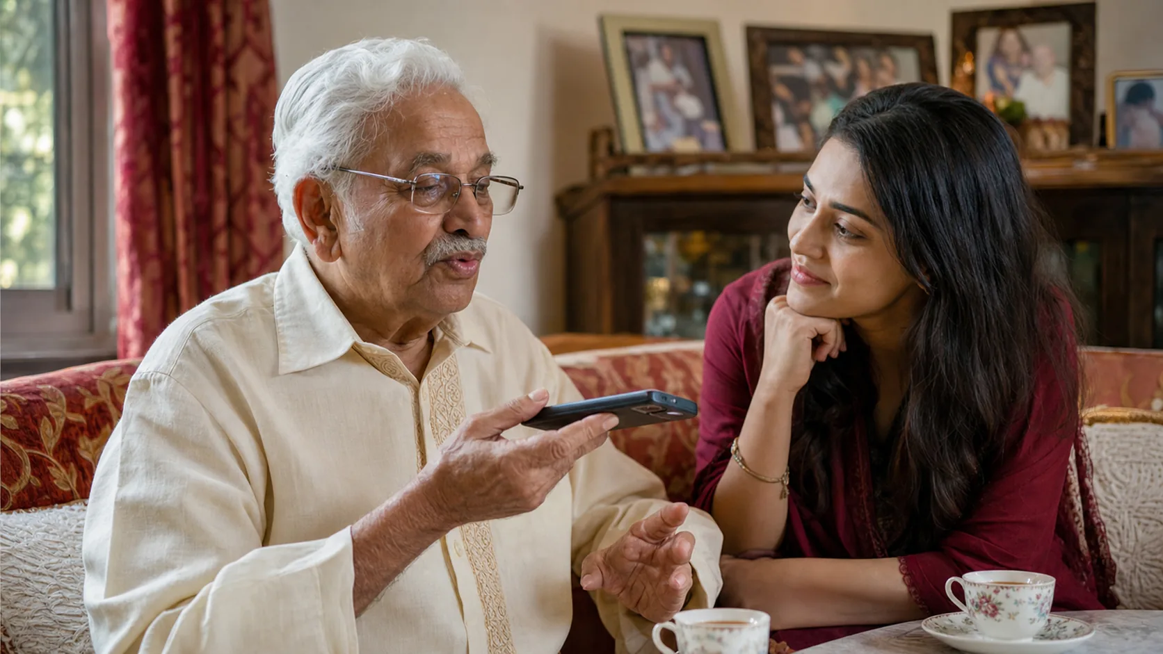 An elder recording a voice note while an adult grandchild listens at a family table