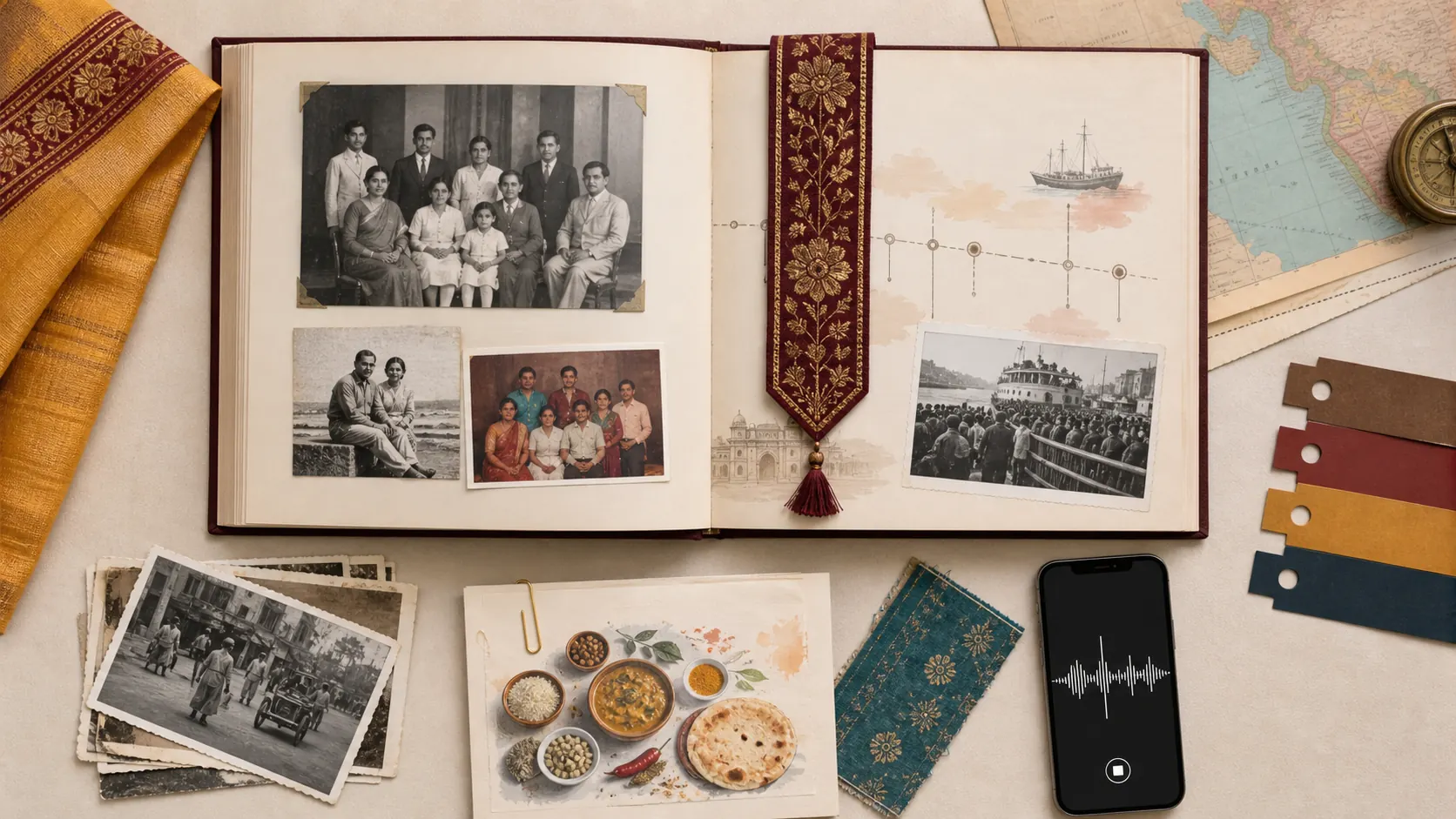 Open family history book with old photographs, migration imagery, recipe memories, and a phone showing an audio waveform