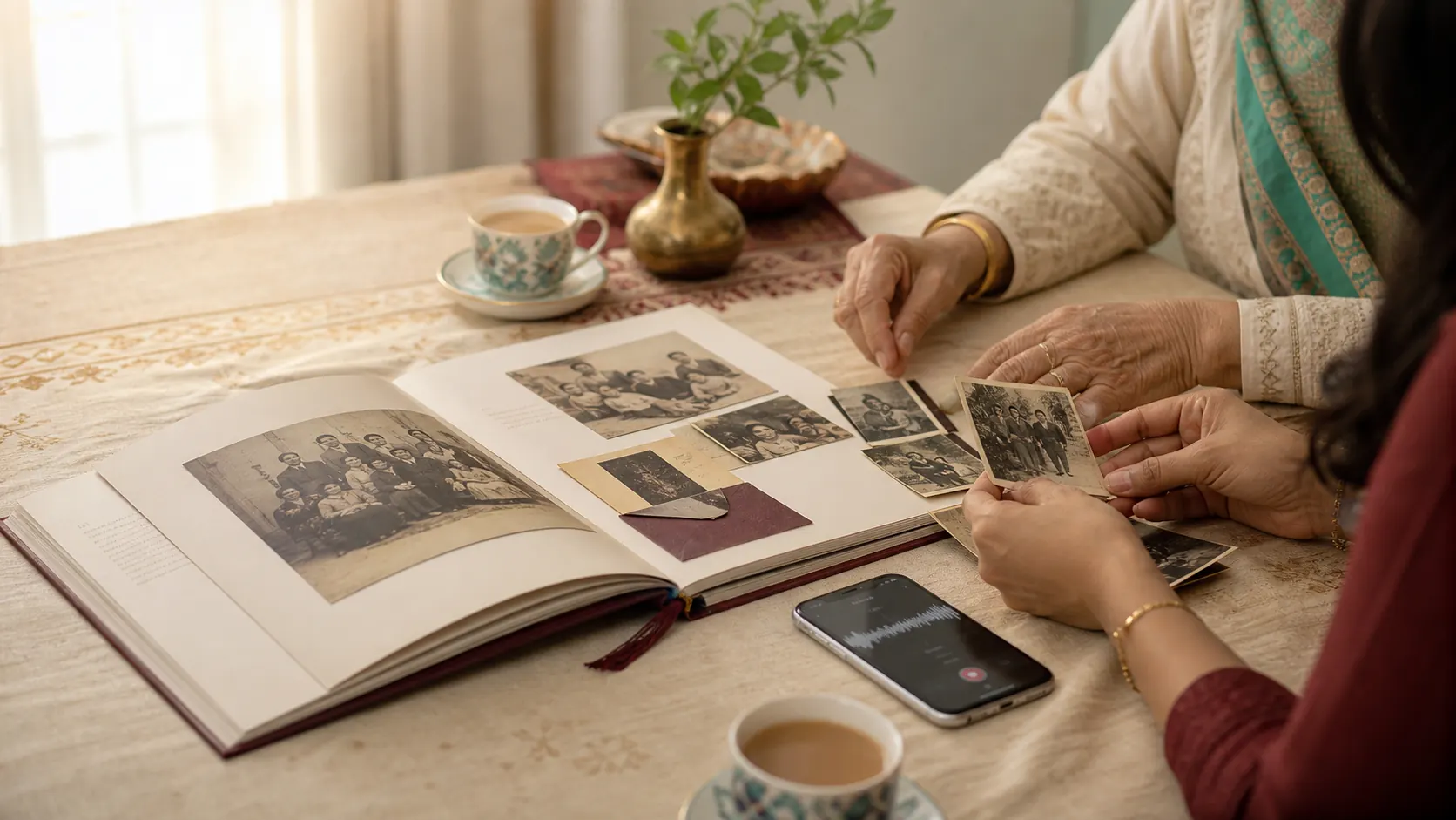 A South Asian elder and adult child arranging old family photographs beside an open family history book and voice recording