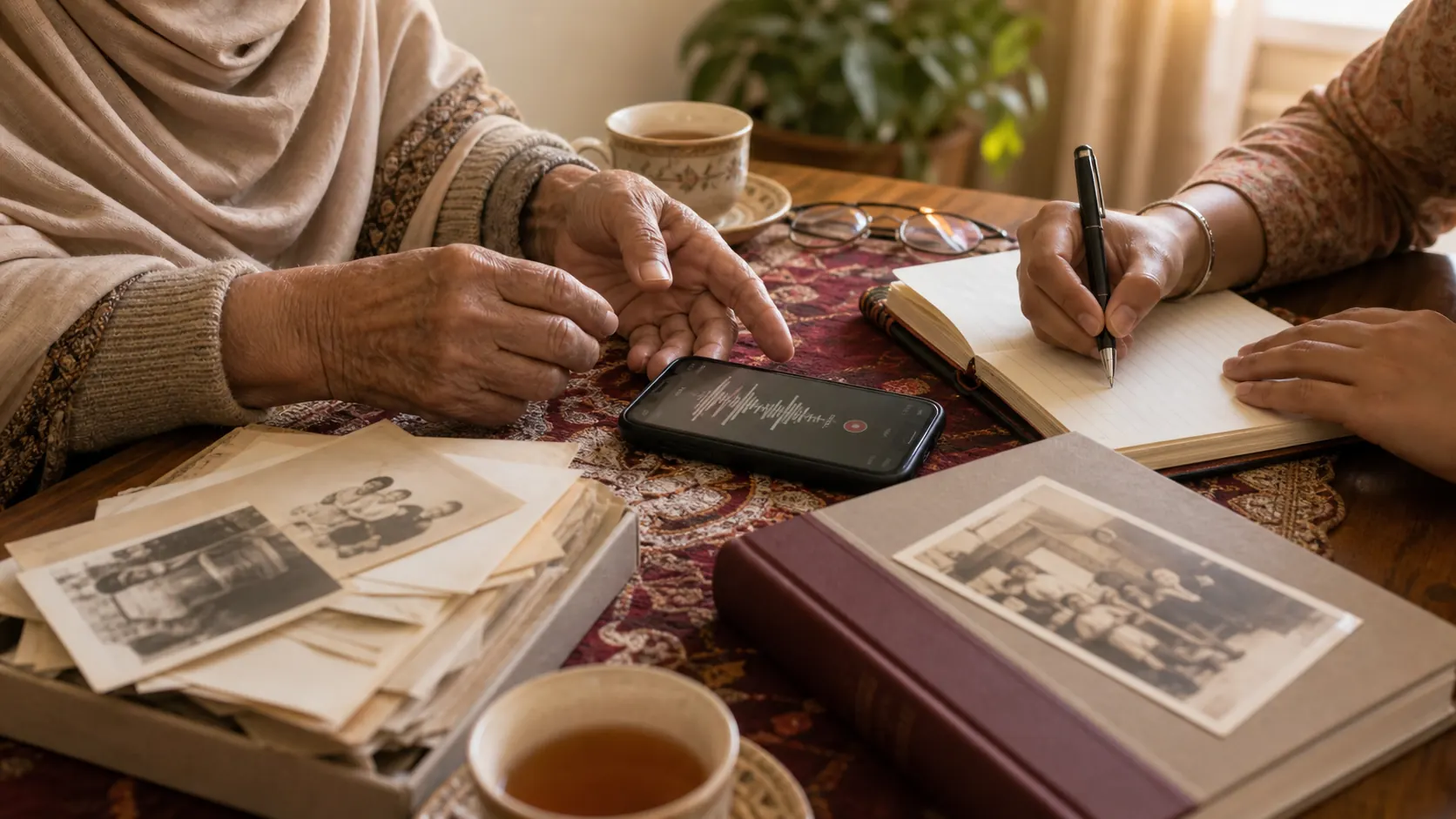 An elder recording a family story voice note while a younger relative takes notes beside old photos and a family history book proof