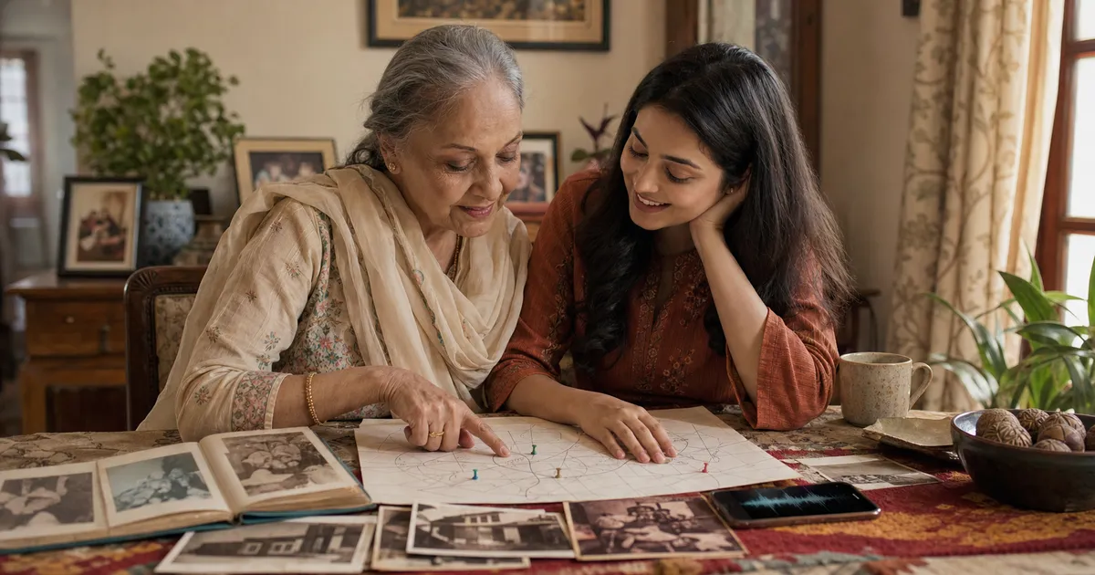 A South Asian grandmother and granddaughter tracing a family memory map beside old photographs