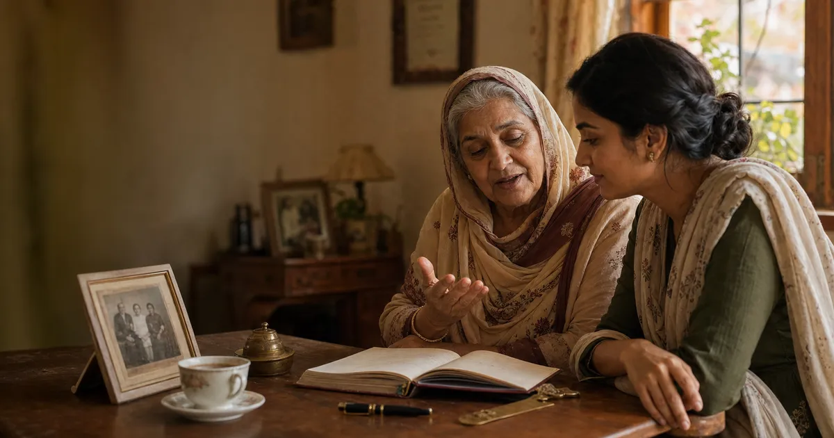 An elderly South Asian woman sharing a poem with her granddaughter beside a family photograph and an open notebook