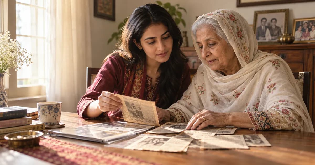 A South Asian grandmother and her adult granddaughter carefully looking through old family newspaper clippings at home