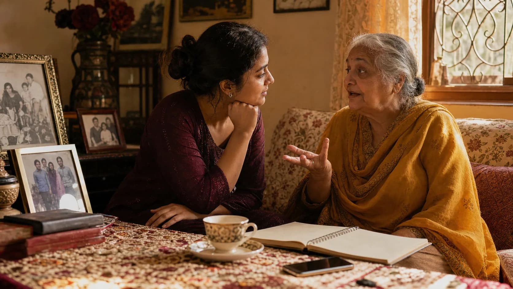 A dadi sharing memories with an adult grandchild beside tea, photos, and a notebook