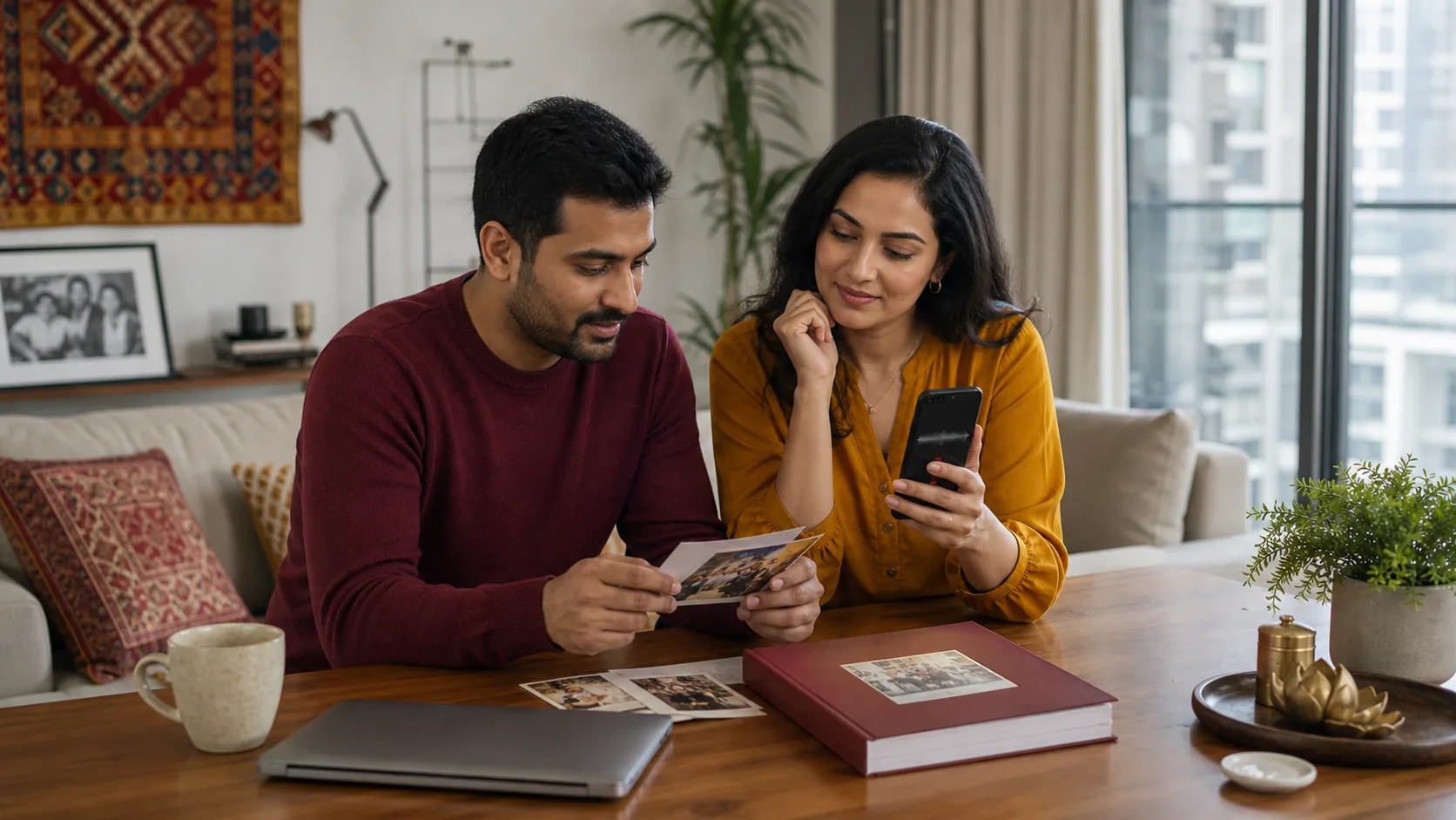 South Asian siblings comparing family photos and voice recordings for a legacy book