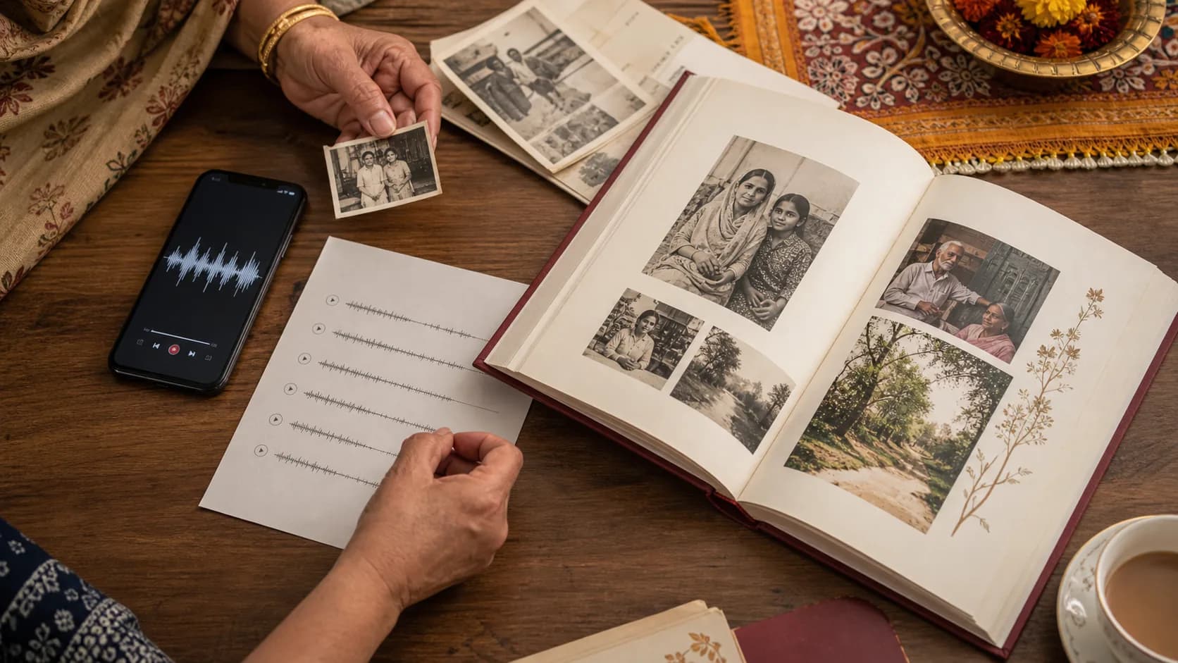 Hands arranging voice notes, transcripts, old photos, and a family history book layout