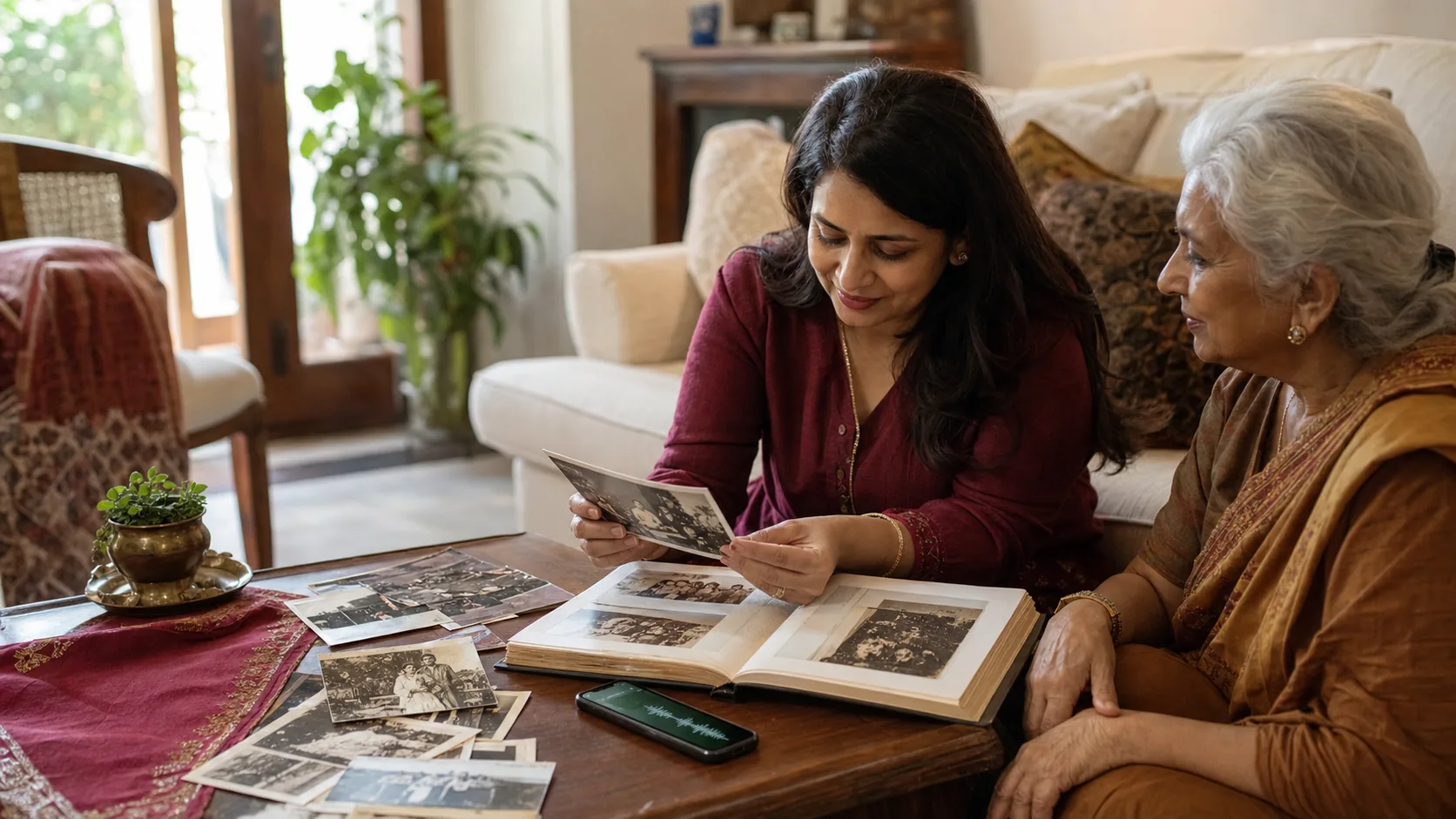 A South Asian family arranging old photographs beside an open family legacy book