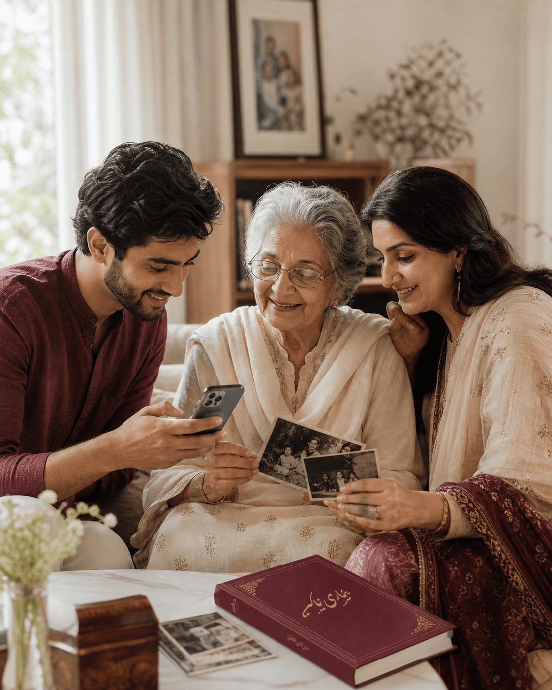 Three generations of a South Asian family sharing stories