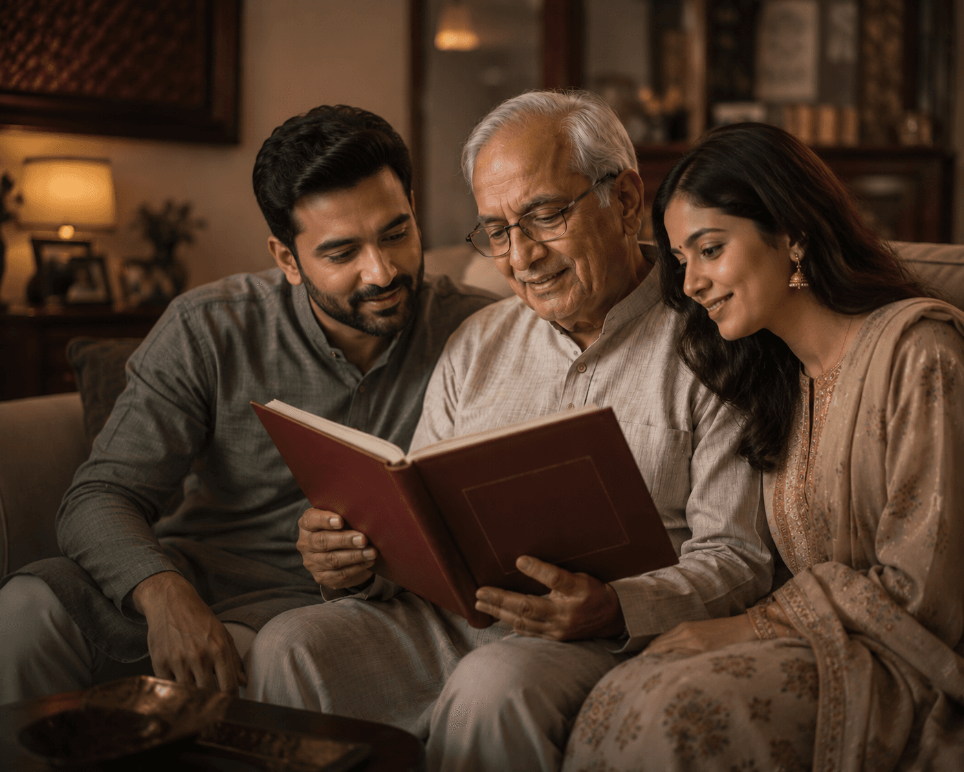 Grandfather reading a book with his grandchildren