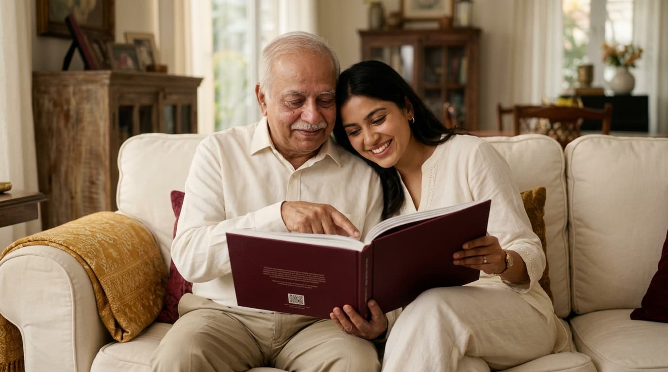 A grandmother sharing stories with her grandchild while looking at their family Qissa book