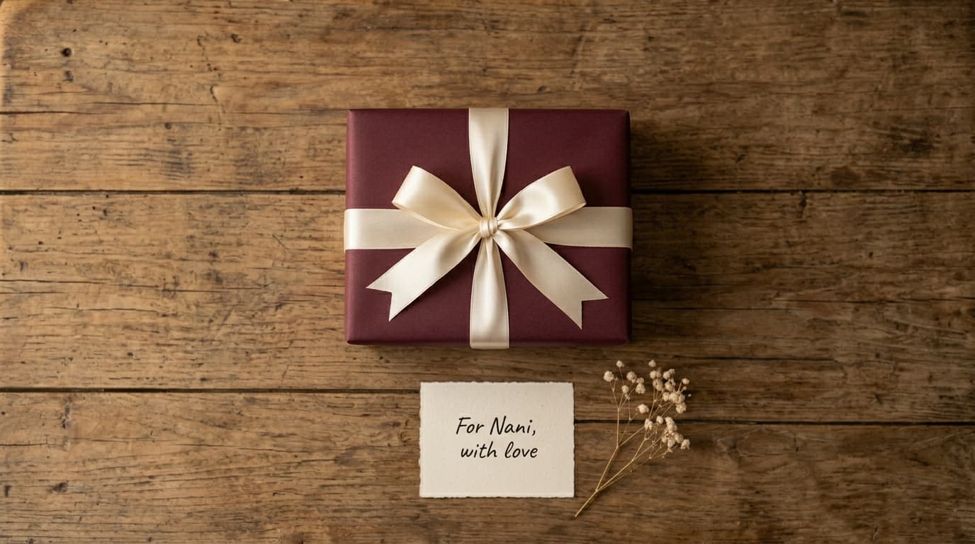 A premium burgundy Qissa gift box with a handwritten note reading For Nani, with love