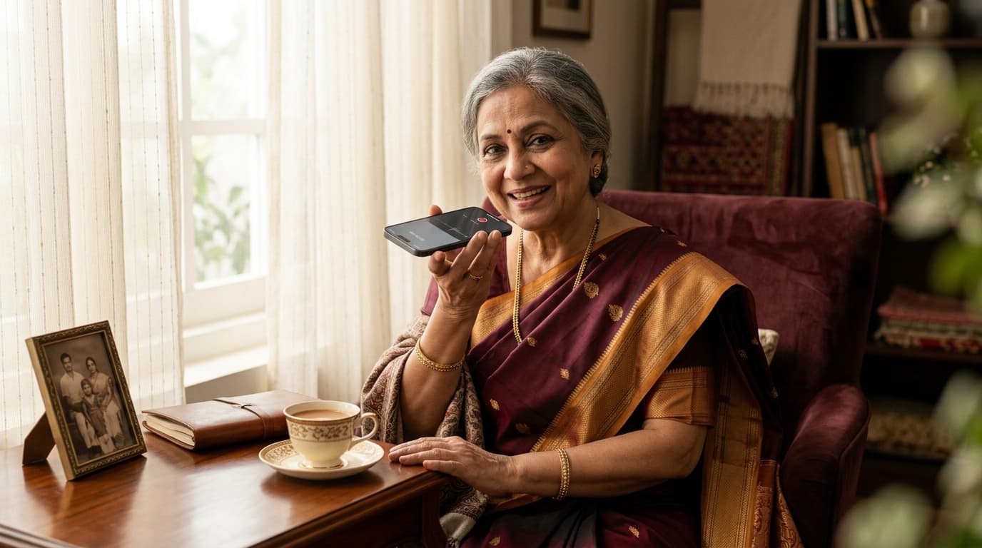Grandmother smiling while recording a voice message for her book