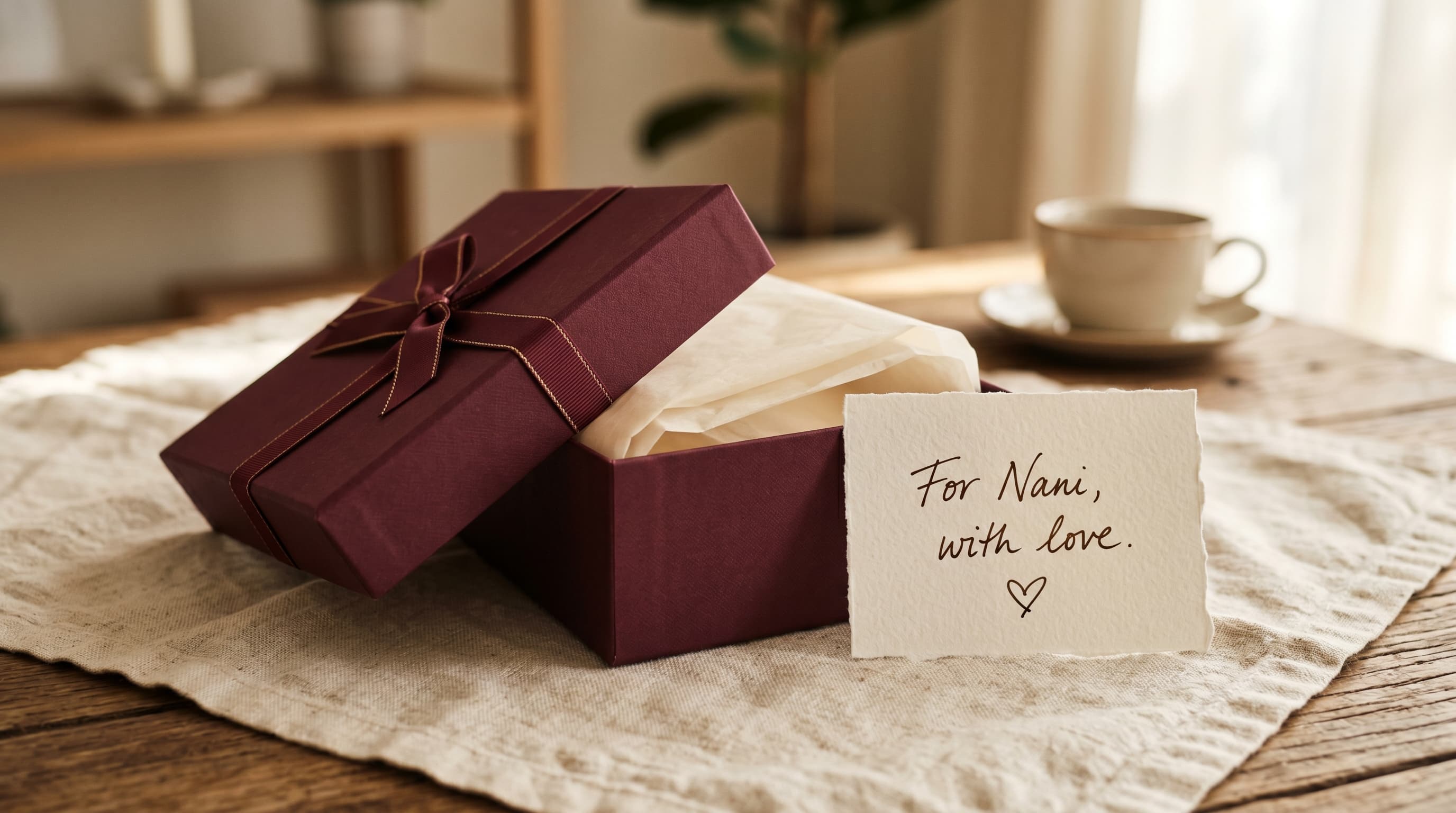 A burgundy Qissa gift box, hand-packed with a handwritten card