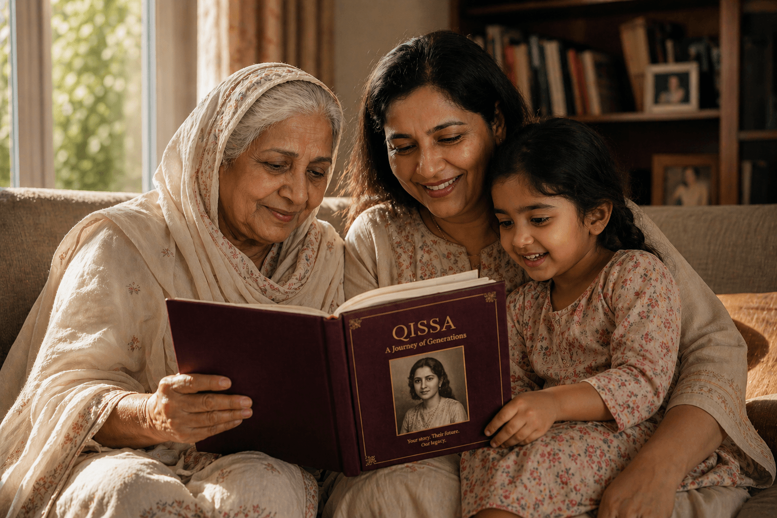 Three generations of a family reading the Qissa book together