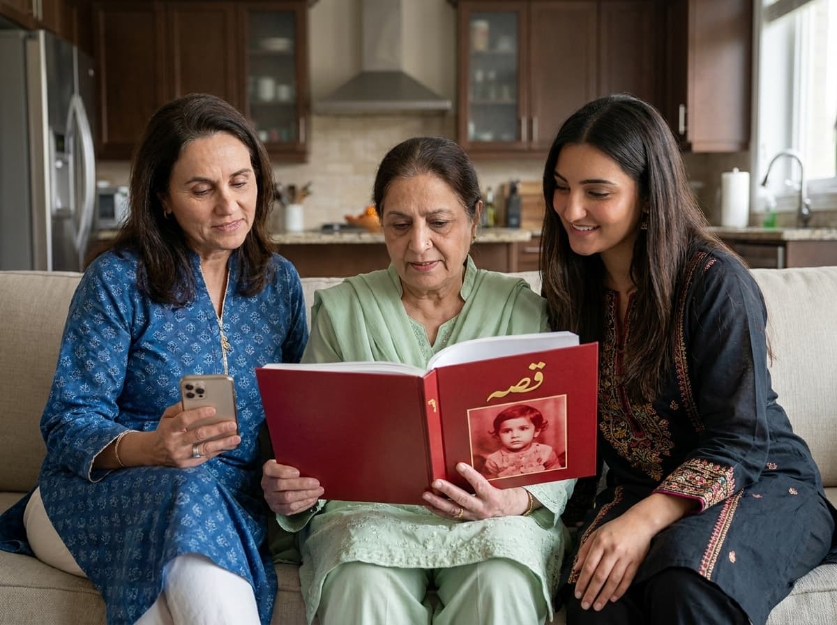 Three generations of a family sharing their Qissa book together