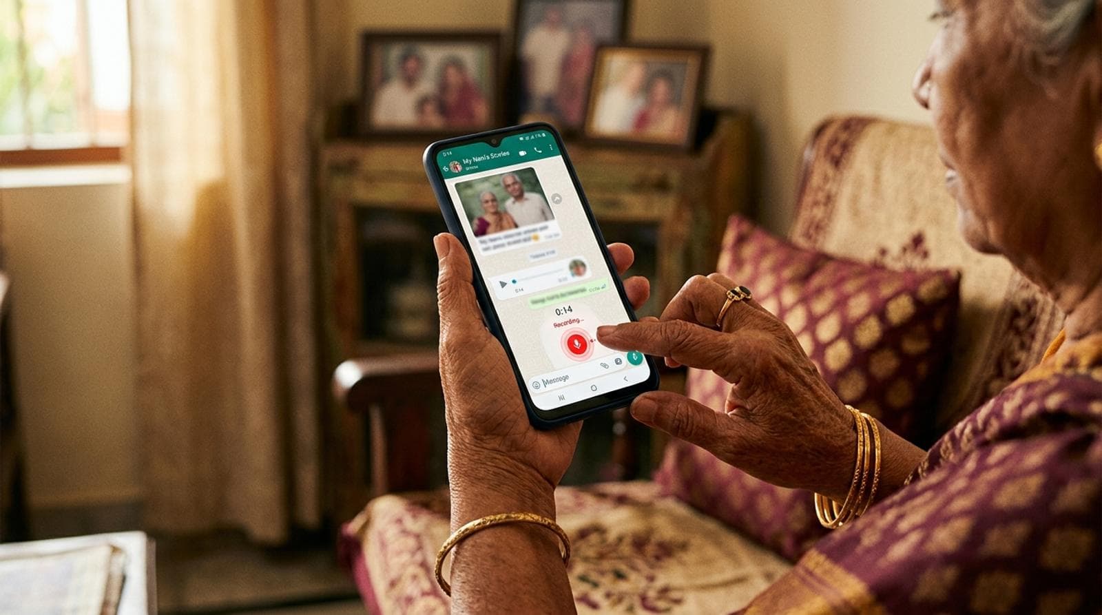 Grandparent recording a WhatsApp voice note on their phone