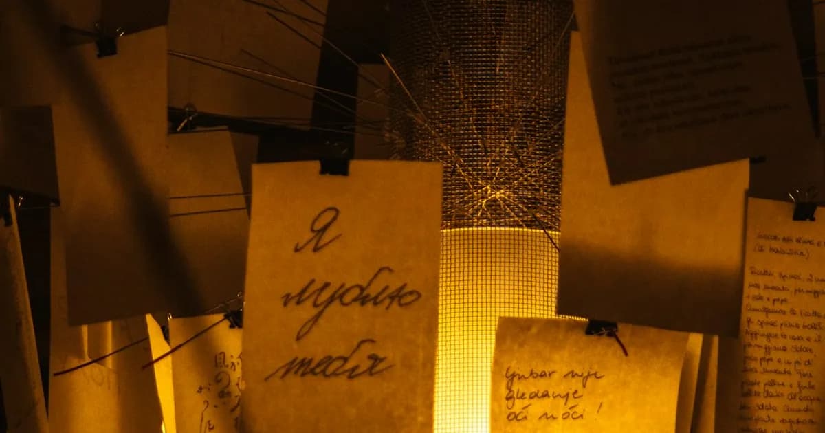 Warm amber light glowing behind a display of clipped handwritten notes