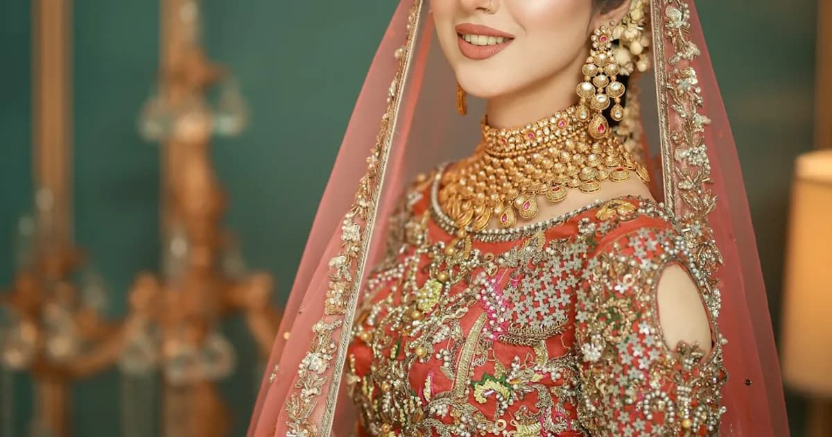 A South Asian bride in a red and gold bridal outfit, representing the wedding stories and shaadi memories that live in a family's history