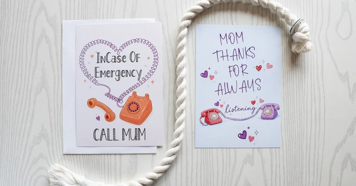 Two elegant greeting cards with vintage illustrations of classic telephones on a soft background
