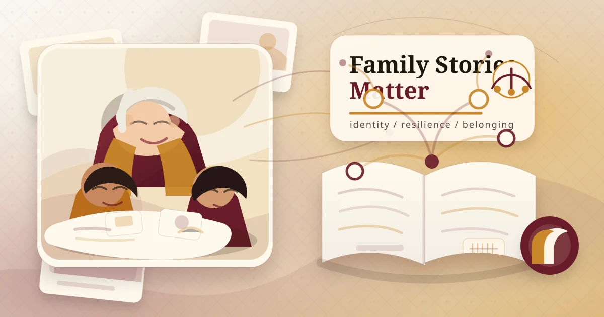 Illustration of a South Asian grandmother sharing family stories with grandchildren among old photographs and heritage threads